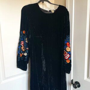 Anthropologie Black Velvet Dress with Embroidery